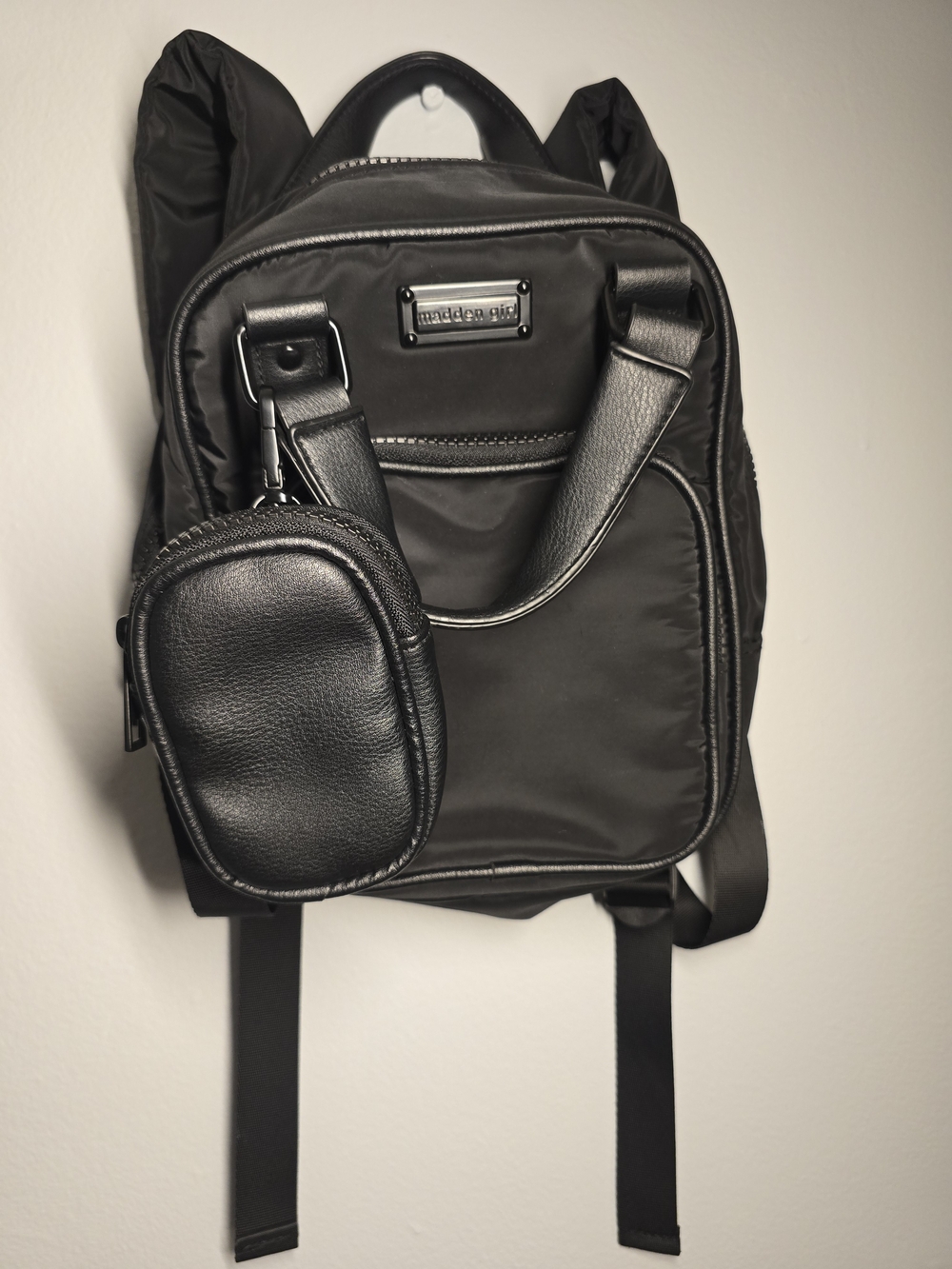 Madden Girl Black Nylon Backpack with Removable Pouch and Leather Accents